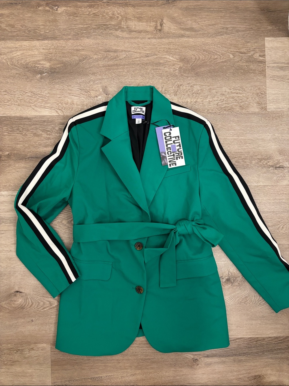 NWT Green Tie-Waist Blazer with Stripe Sleeve Detail - Future Collective